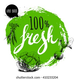 Farmer 100% Fresh Veggies Design Template. Green Rough Circle With Hand Painted Letters. Engraving Sketch Style Vegetables. Carrot Bunch, Beet Root With Leafs And Cabbage. 