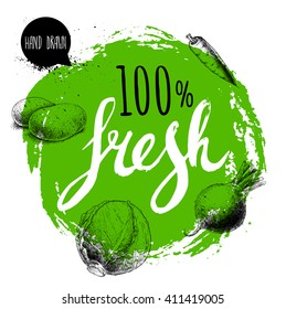Farmer 100% fresh veggies design template. Green rough circle with hand painted letters. Engraving sketch style vegetables. Hand drawn potatoes, carrot, beet root and cabbage. 