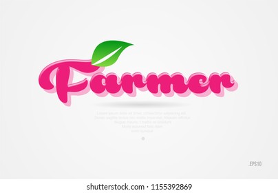farmer 3d word with a green leaf and pink color on white background suitable for card icon brochure or typography logo design