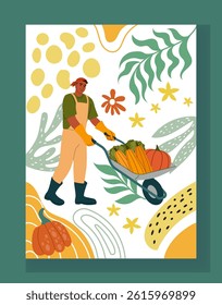 Farmer abstract poster. Garden harvest. Agriculture worker. Gardener in overalls. Farm vegetables growing. Man with wheelbarrow. Horticulture crop. Doodle spots and plant leaves. Vector farming card
