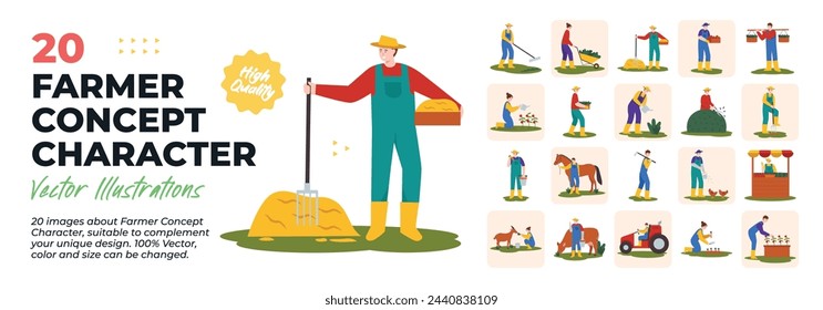 Farmer Activity Character Illustration. Mega Set. Collection scenes of farmer, farm, farming, farmland, village, harvest, countryside activity. Vector Illustration