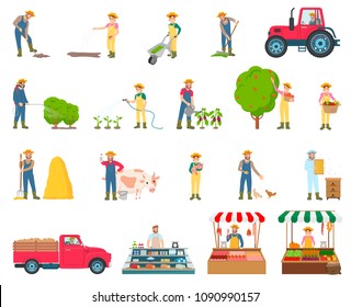 Farmer activity collection, watering bushes, plants harvesting, feeding chickens and selling product on market, set isolated on vector illustration