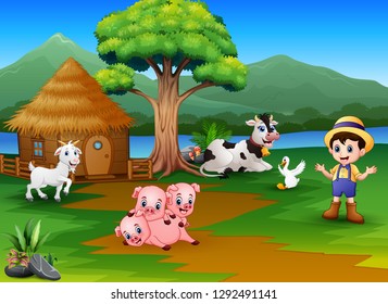 Farmer activity on the beautiful nature with animal farm
