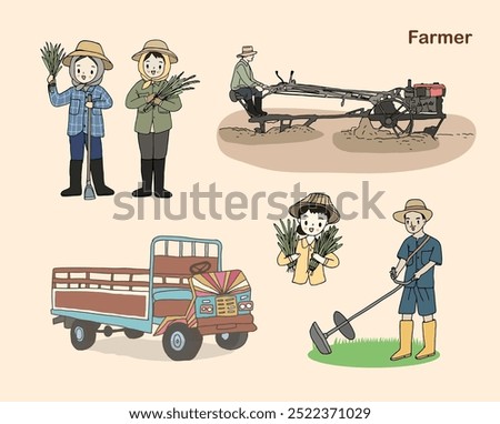 Farmer activity set, hand drawn style vector illustration
