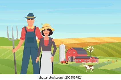 Farmer agrarian people work on cattle livestock farm in village agriculture landscape vector illustration. Cartoon young man woman couple characters holding pitchfork, working on field background