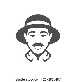 Farmer agricultural male mustache head in hat monochrome vintage icon vector illustration. Countryside village worker gardener agronomist man portrait. Harvest livestock ecology farm market
