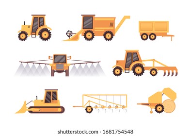 Farmer agricultural vehicles and machinery icons set, flat vector illustration isolated on white background. Food production and industrial plants growing transport.