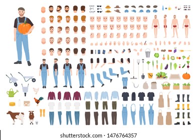 Farmer or agricultural worker avatar set or DIY kit. Bundle of male character body parts, clothes, emotions, working tools, vegetables isolated on white background. Flat cartoon vector illustration.