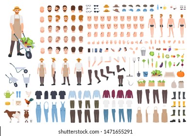 Farmer or agricultural worker constructor set or avatar generator. Bundle of male character body parts, emotions, clothes, working tools isolated on white background. Flat cartoon vector illustration.