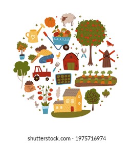 Farmer, Agriculture and Farming Round shape Concept. Cultivate, Countryside, Field, Rural, People, houses and tools flat vector hand drawn illustration.