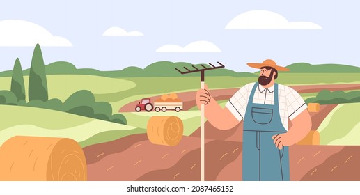 Farmer in agriculture field with dry hay bales. Farm worker and village farmland landscape during harvesting. Flat vector illustration of man peasant with rakes in agricultural plantation