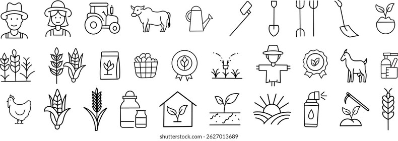 Agricultor e Agricultura Linha de Ícone Pack - Equipamento Rural, Culturas, Celeiro e Sustentabilidade