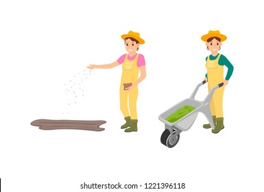 Farmer agriculture work of isolated icons. Woman sowing seeds from bag and farmer female pushing trolley with compost for soil fertilization vector