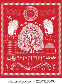 Bauer feiern immer zu Monsunregen in Warli Malerei, Warli Kunst zeigt indianisches Landlandleben, Vektorgrafik