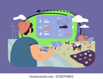 Farmer analyzing data on eco farming isolated flat vector illustration. Farmer working with data on feeding cows. Automation, implementation and smart technology concept