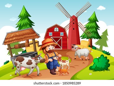 Farmer with animal farm in farm scene in cartoon style illustration