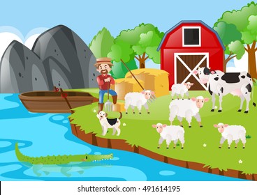 Farmer and animals in the farm illustration