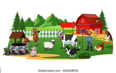 farmer and animals in the farm yard