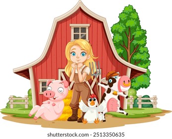 Farmer with animals in front of barn