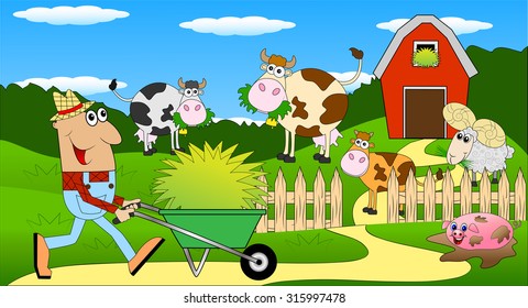 the farmer and the animals grazing on the green lawn ,vector illustration