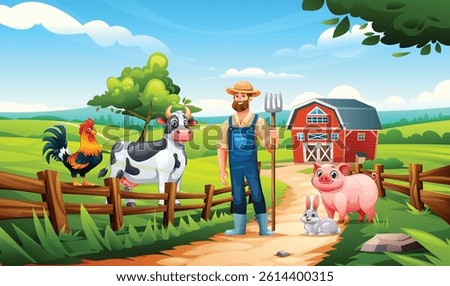 Farmer with animals including cow, pig, rooster and rabbit near fence and barn. Vector cartoon illustration