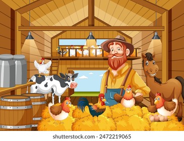 Farmer with animals inside a barn