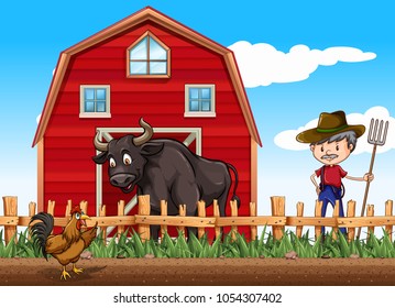 Farmer and animals on the farm illustration