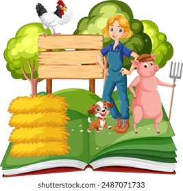 Farmer with animals on an open book