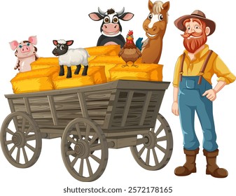 Farmer with animals on a wooden cart