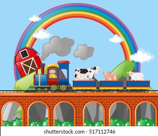 Farmer and animals riding on the train illustration