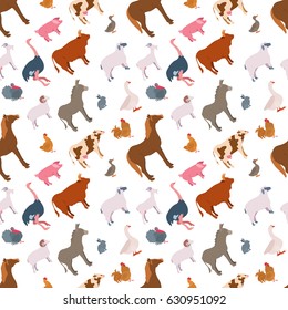 Farmer animals vector seamless pattern illustration. Goat, ostrich, pig, turkey, ram, cow, bull, duck, rabbit, sheep, horse, donkey, goose, chicken, rooster. Countryside, rural cattle, poultry.