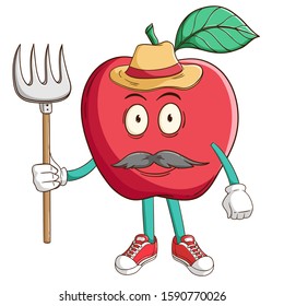 A farmer of apple fruit cartoon character holding a pitchfork with funny face