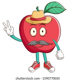 A farmer of apple fruit cartoon character with peace hand sign and funny smile face