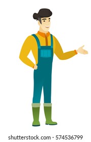 Bauer mit Arm draußen in einer einladenden Geste. Voller Empfang junger asiatischer Bauern in Decken. Bauern machen eine willkommene Geste. Vektorgrafik mit flachem Design, einzeln auf weißem Hintergrund.