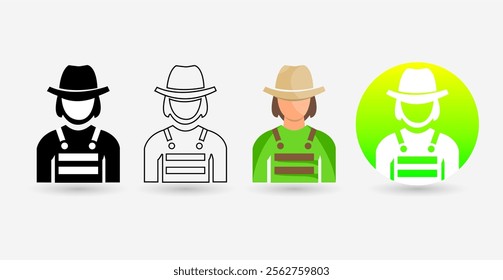 Farmer Avatar Icon Set - Rural Worker Illustrations in Flat, Line Art, and Gradient Styles
