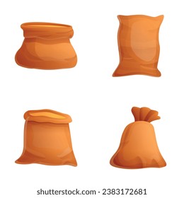 Farmer-Sack-Symbole setzen Cartoon-Vektorgrafik. Getreide und Getreide in Stoffsack. Erntebeförderung und Lagerung