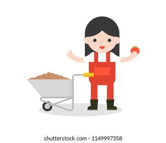 farmer and barrow wheel with tomato in flat design
