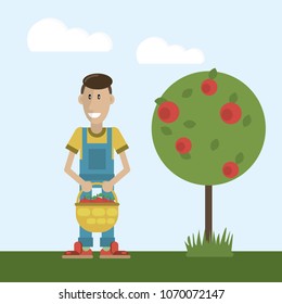 farmer and basket with apples