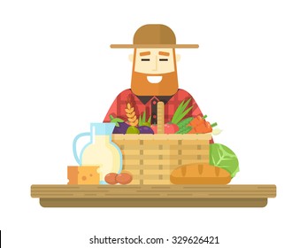 Farmer with a basket of fresh, organic products from the farm.  Vector flat design illustration