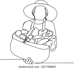 farmer with a basket of fresh vegetables.line drawing