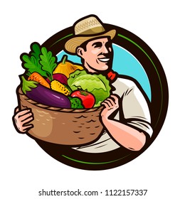 Farmer with a basket full of fresh vegetables. Agriculture, farming concept. Cartoon vector illustration