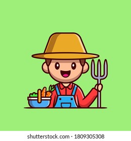 Farmer With Basket Vegetables And Ground Fork Cartoon Vector Icon Illustration. People Profession Icon Concept Isolated Premium Vector. Flat Cartoon Style