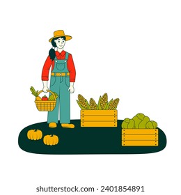Farmer with a basket of vegetables. Harvesting. Farm and gardening. The girl harvests of cabbage, corn and herbs. Vector illustration