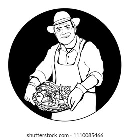 Farmer with basket vegetables, isolated in a round frame, contour drawing, icon, logo, coloring, black and white vector illustration, outline cartoon drawing. Portrait elderly men peasant with a crop