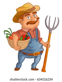 Farmer with a basket of vegetables and pitchforks in his hand.