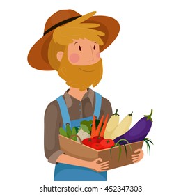 a farmer with a basket of vegetables , vector graphics