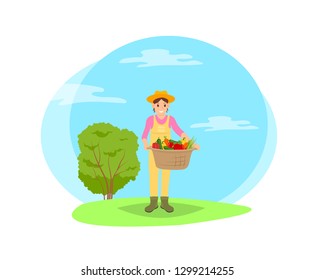 Farmer with basket of veggies in garden cartoon style vector badge. Smiling happy woman in hat, uniform and boots picking goods, working on farm theme