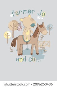 Farmer bear on horse, Cute T-shirt design for kids, vector illustration. graphic Print designs for baby. Can be used for fashion print design, kids wear, girls clothes, poster, nursery wallpaper