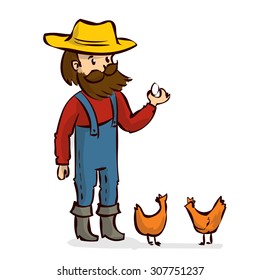 A farmer with a beard and mustache collects eggs. Hand drawn cartoon vector illustration. Isolated on white