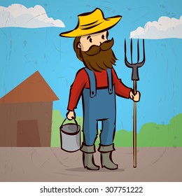 A farmer with a beard and mustache. Hand drawn cartoon vector illustration.